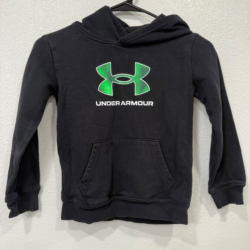 Kids Under Armour Black Hoodie Green Logo Pullover Sweatshirt Size Small‎